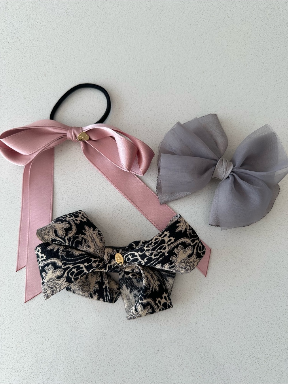 Kids Ribbon Hair Bow Set - Pink, Gray, Black Pattern